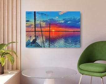 Metallschild Wanddekoration, Segelboot Sonnenaufgang Bild auf Metall gedruckt, Segelboot Wandkunst, Küstenwanddekoration