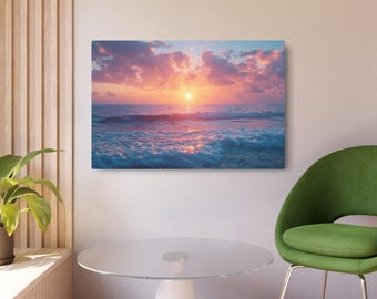 Metallschild Wanddekor, Strand-Sonnenuntergang-Meerblick, Wolke Kunst Bild gedruckt auf Metallschild, abstrakter Sonnenuntergang Kunst, Küstenwanddekor
