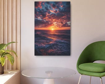 Metallschild Wanddekor, Strand bei Sonnenuntergang Meerlandschaft, Ozeanwellen Wolke Kunst Bild gedruckt auf Metall, abstrakter Sonnenuntergang Kunst, Küstenwanddekor