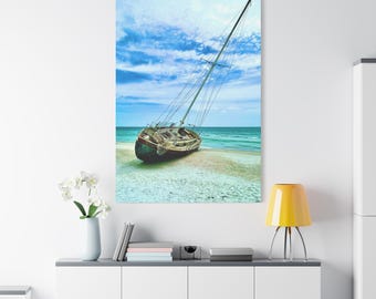 Kunst auf Leinwand, Schiffswrack Segelboot Druck, Küstenwanddekor, Meerlandschaft Leinwand, Schiffswrack Kunst, Segelboot Wandkunst, Nautische Wohnkultur