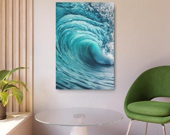Metalowy napis na ścianie, wydruk artystyczny z błękitnymi falami oceanu na metalu, fotografia morska, sztuka w stylu plażowym, nowoczesny wystrój nadmorski