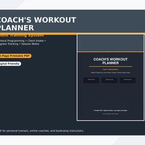 Op de afbeelding: Een digitale workout planner met de tekst "COACH'S WORKOUT PLANNER" in het wit. De planner bevat secties voor workout programmering, client intake, voortgangsregistratie en sessie notities. Het is een 55 pagina's printbare PDF, digitaal vriendelijk en ontworpen voor personal trainers en online coaches.