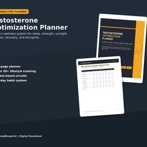 May include: A digital PDF planner titled "Testosterone Optimization Planner" with a dark background and orange accents. The planner includes a 64-page layout, lifestyle tracking, home-based circuits, and a 90-day habit system.
