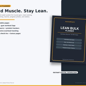 May include: A digital fitness planner titled "Lean Bulk Planner" with a dark blue cover and gold trim. The planner includes sections for workout tracking, macros, and progress photos. The text "Build Muscle. Stay Lean." is displayed at the top.