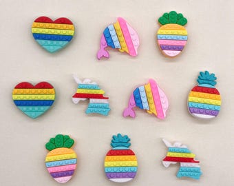 Rainbow Pop Sensory Shoe Charms: Heart, Unicorn, Dolphin, Pineapple, Carrot PVC Decor