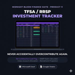 Può includere: Un laptop mostra un tracker di investimenti finanziari con il testo "TFSA / RRSP INVESTMENT TRACKER." Lo schermo mostra un foglio di calcolo con dati. L'immagine include il testo "NEVER ACCIDENTALLY OVERCONTRIBUTE AGAIN." e le icone per Microsoft Excel e Google Sheets.