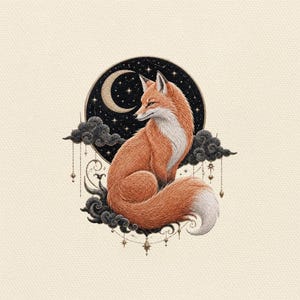 Mystischer Fuchs Stickdatei, Himmlischer Mond Fuchs Stickmuster, Waldfuchs Maschinenstickdatei, Hexen Waldtier Kunst