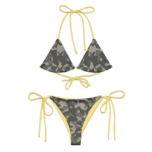 Yellow Camo Bikini Set – Triangle String Swimsuit, Olive Camouflage Print, Adjustable Tie Side Bottom, Summer Beachwear