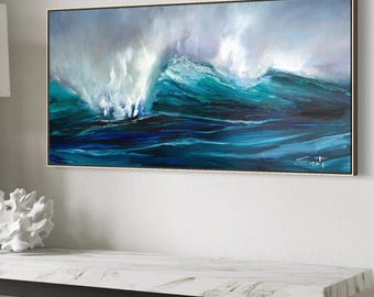 Jade Peak, pintura al óleo contemporánea – Paisaje marino con olas (60 x 30 cm)