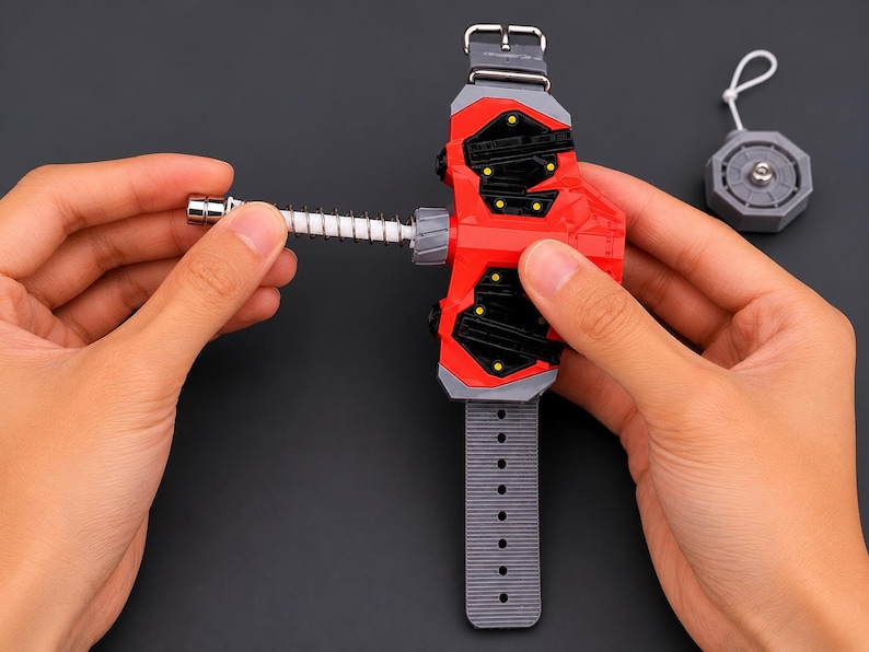 May include: A red and grey wrist-mounted toy with a spring-loaded mechanism, featuring a grey strap and a separate grey disc with a white string. The toy is held by hands against a dark background.