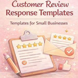 Puede incluir: Gráfico estilo acuarela con el texto "Customer Review Response Templates" y "Templates for Small Businesses". La imagen incluye una carpeta con cinco estrellas doradas, un sobre con estrellas, un lápiz y un icono de pulgar arriba.