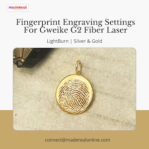 May include: A gold pendant featuring a fingerprint design. The round pendant has a loop for a chain. The image also includes text that reads "Fingerprint Engraving Settings For Gweike G2 Fiber Laser".