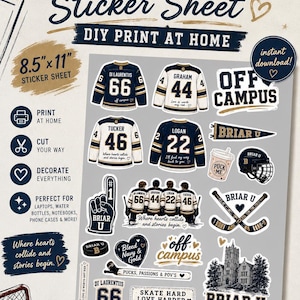 May include: A digital sticker sheet featuring hockey-themed designs including jerseys with names and numbers, a Briar U pennant, a hockey helmet, a foam finger, crossed hockey sticks, a building, and text like Off Campus and Skate Hard Love Harder.