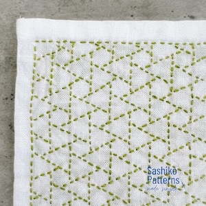 May include: A close-up of white fabric featuring a geometric pattern of green stitching. The stitching creates a series of connected triangles. The text "Sashiko Patterns made simple" is visible in the lower right corner.