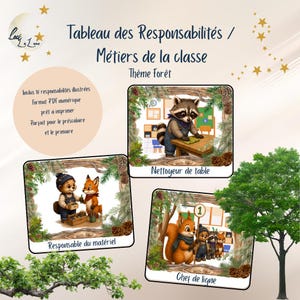 Peut inclure: Un tableau des responsabilités pour la classe sur le thème de la forêt. Il présente des illustrations d'animaux et le texte 'Tableau des Responsabilités / Métiers de la classe', 'Nettoyeur de table', 'Responsable du matériel' et 'Chef de ligne'.