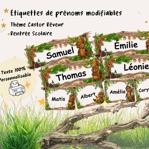Op de afbeelding: Een set rechthoekige naamlabels met een bosthema, voorzien van illustraties van bruine bevers, dennenappels en groene dennentakken. De labels tonen diverse namen, waaronder Samuel, Émilie, Thomas, Léonie, Matis, Albert, Amélia en Corynne.