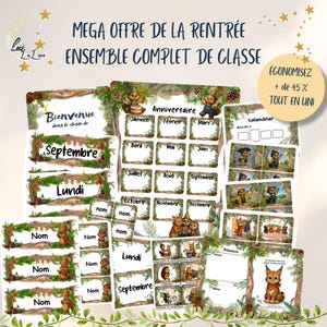 Peut inclure: Un ensemble de décoration de classe avec des illustrations d'animaux des bois, des branches de pin et des bordures en bois. Inclut des panneaux Bienvenue, Anniversaire, Calendrier, Presences, des étiquettes de nom et des textes en français.