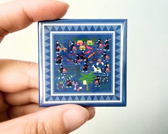 Set of 2 Hmong Story Cloth Magnets | 2in Square Fridge Decor