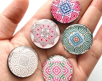 Set of 5 Hmong Glass Dome Magnets | Vibrant Hmong-Inspired Designs | Unique Kitchen Decor