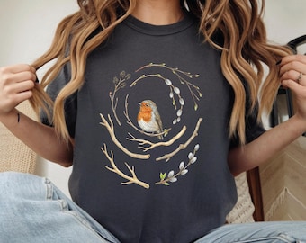 Robin Vogel PNG, botanisches Vogel-Shirt-Design, Cottagecore Vintage Natur-Grafik-T-Shirt, Wildblumensublimation, Boho-Tier-Digital-Download