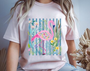Blumenflamingo SVG, Aquarell rosa Flamingo PNG, ästhetisches tropisches Sublimationsdesign, Sommervogel Clipart