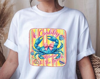Kokette blaue Krabbe SVG, wenn Crabby-Rückkehr zum Strand PNG, lustige Sommerferien digitaler Download, adretter Strandreise-Sublimationsentwurf