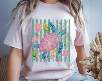 Meeresschildkröte Floral SVG, Aquarell Meeresschildkröte PNG, ästhetische Küsten Sublimation Design, Sea Life Clipart, digitaler Download für Cricut DIY