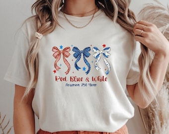 Rot, weiß und blau Bögen SVG PNG, Coquette Patriotic America 250 Jahre Shirt Design, 4. Juli Sublimation, Retro USA Bow Digitaler Download