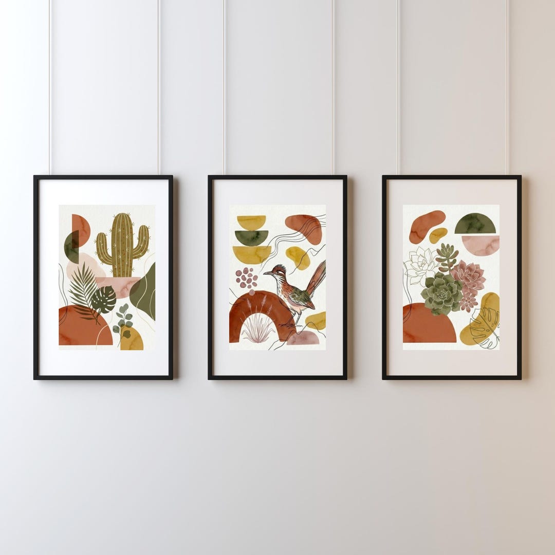 Boho Desert Wall Art Set of 3 Mid Century Modern Cactus Roadrunner ...