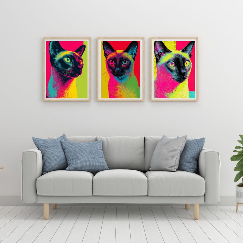 Siamese Eclectic Cat Wall Art Set, Colorful Pop Art Gallery Bundle ...