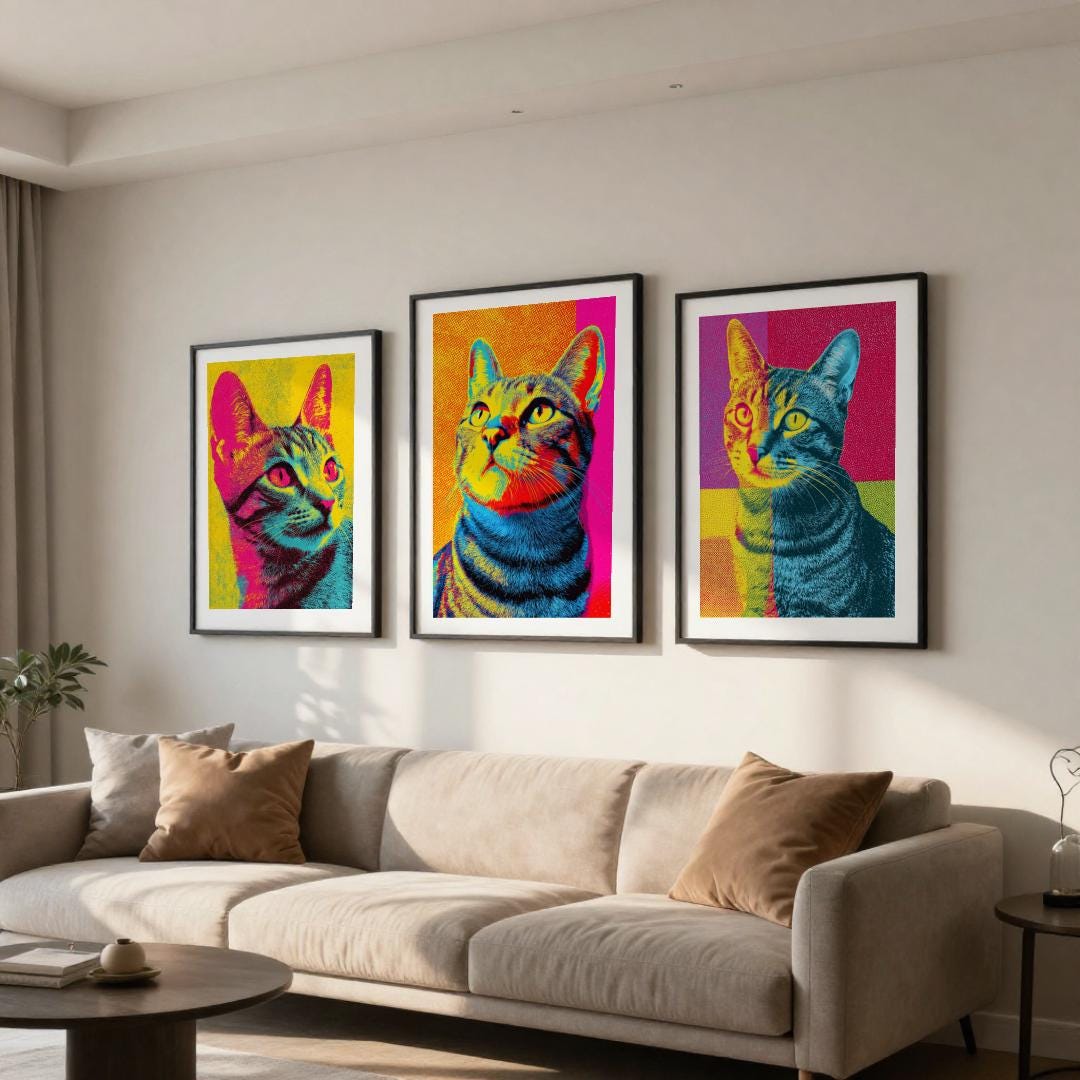 Eclectic Cat Wall Art Set of 3, Colorful Pop Art Gallery Bundle ...