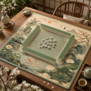 May include: A square mahjong mat featuring a traditional landscape illustration with koi fish, lotus flowers, and mountains. The mat holds a rectangular arrangement of green mahjong tiles and a cluster of loose tiles in the centre on a sage green field.