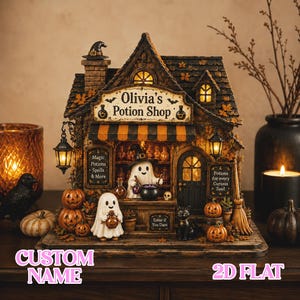 Puede incluir: Una tienda de pociones en miniatura con temática de Halloween y un letrero que dice Olivia's Potion Shop. La estructura incluye un fantasma, un gato negro, calabazas, una escoba y ventanas iluminadas. El texto incluye Magic Potions Spells & More, Potions for every Curious Soul y Enter if You Dare.