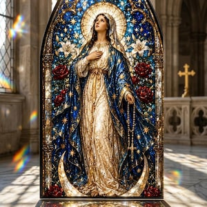 Könnte beinhalten: Ein bogenförmiges Buntglasfenster mit einer Figur in einem cremefarbenen Gewand und einem tiefblauen Umhang mit goldenen Sternen. Die Figur hält einen Rosenkranz, umgeben von weißen Lilien, roten Rosen und einer Mondsichel vor Sternenhimmel.