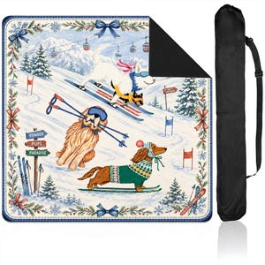 Tappetino da Mahjong con simpatici cani che sciano, tabellone da gioco festivo invernale con cuccioli, tappetino da gioco per amanti dei cani durante le vacanze, regalo unico con scena di neve natalizia