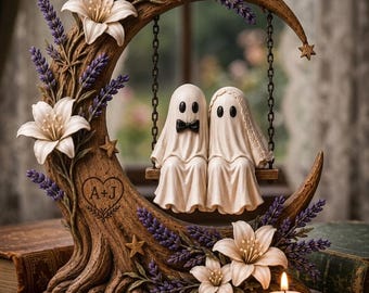 パーソナライズされたゴーストカップルテーブルブロック、カスタムハロウィンカップルギフト、不気味な新郎新婦記念品