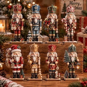 May include: A collection of eight decorative nutcracker figurines arranged in two rows. Each nutcracker features distinct holiday-themed attire, including Santa suits, crowns, and uniforms, holding accessories like gifts, wreaths, candy canes, and lanterns.