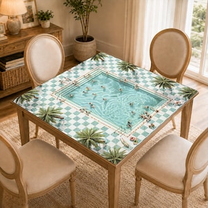 May include: A square wooden dining table featuring a tabletop graphic of a swimming pool surrounded by a teal and white checkered tile pattern with palm trees. The table is accompanied by four upholstered chairs with light beige fabric seats.
