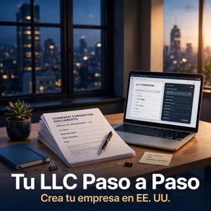 Könnte beinhalten: Ein Laptop mit einem LLC-Gründungsformular, ein Stapel Gründungsunterlagen mit dem Text "Articles of Organization - LLC", ein schwarzer Stift, ein blaues Notizbuch, eine kleine Sukkulente und ein Haftnotizzettel mit Text.