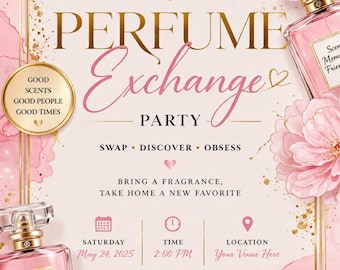 Editable Perfume Exchange Invitation Template | Fragrance Swap Party Invite | Pink and Gold Canva Template