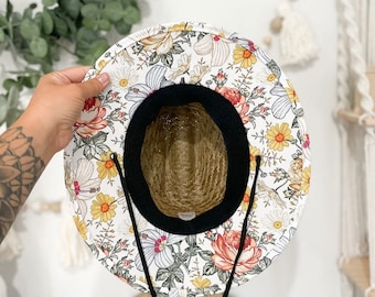 Child Sun Hat - Norah Floral - Woven Straw Sun Hat - Perfect for gardening, the beach, boating, the park, etc