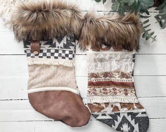 His & Hers Christmas Stocking Set - Bohemian Style - Patchwork - Faux Fur - Floral - Western - Handmade - Cow Print - Gift - Holidays