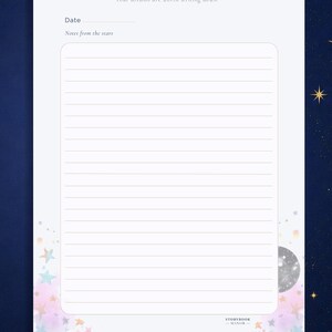 May include: A white notepad page titled Notes with the text Starry Night Collection, Your dreams are worth writing down, Date, Notes from the stars, and Storybook Manor. The page features a lined writing area and pastel star illustrations.