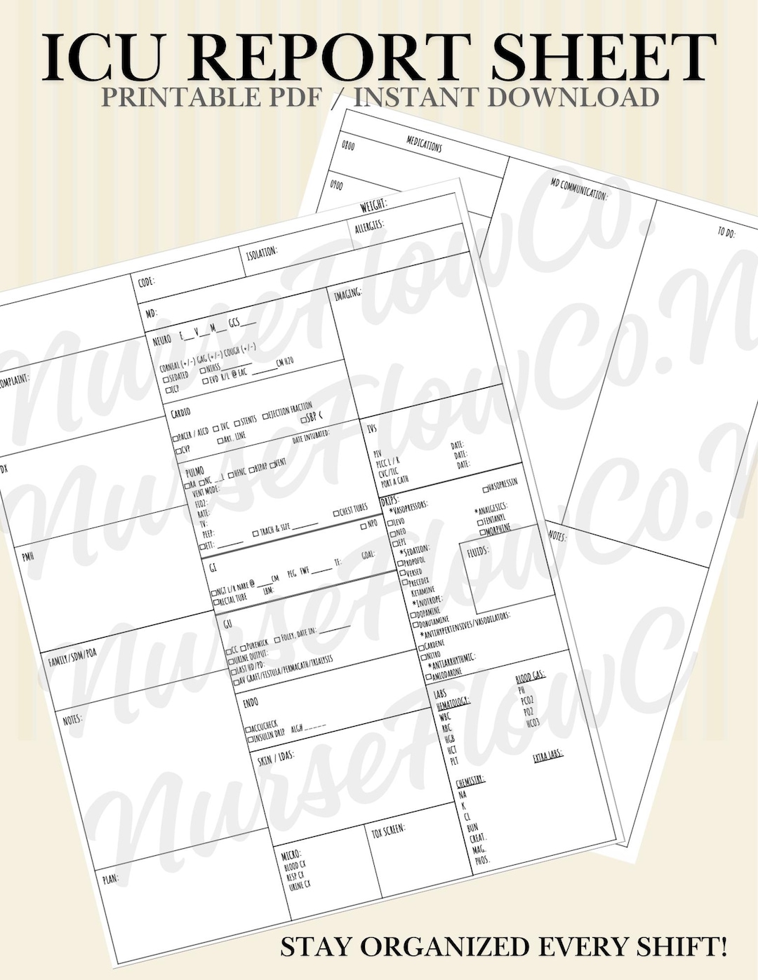 ICU Nurse Brain Sheet Printable | ICU Report Sheet Template | Critical ...