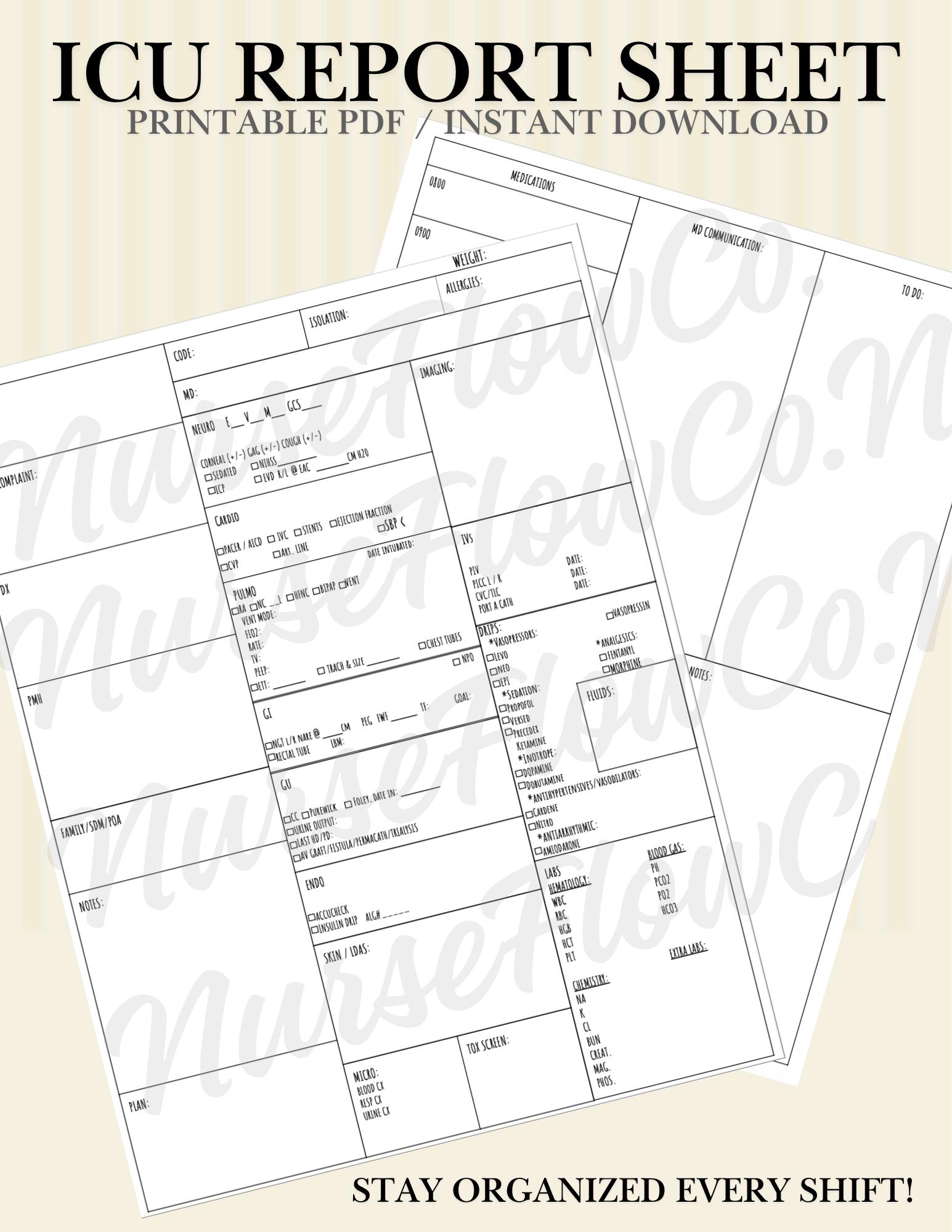 ICU Nurse Brain Sheet Printable | ICU Report Sheet Template | Critical ...