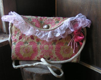Pixie Envelope Clutch Bag***Feminine Brocade and Lace***Crossbody or Shoulder Strap***Pink Satin Flower and Decorative Pearls***Festive