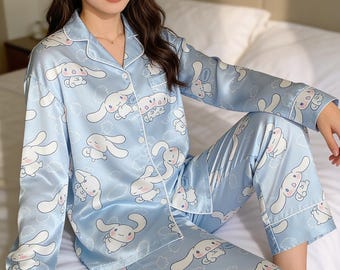 Cute Bunny Pajama Set Women, Blue Cartoon Sleepwear, Soft Long Sleeve PJs, Cozy Loungewear Set, Kawaii Nightwear Gift.