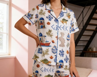 Greece Pajama Set for Women, Greek Island Print Pajamas, Santorini Inspired Sleepwear, Cute Summer Lounge Gift for Her.