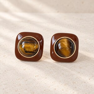 May include: A pair of square stud earrings featuring a smooth, glossy brown resin frame surrounding a central, polished, round tiger's eye gemstone. Each stone is encased in a thin, metallic gold-toned bezel, creating a distinct contrast between the dark brown square border and the natural, chatoyant golden-brown bands of the tiger's eye center.