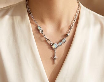Silver-Plated Moonstone Star Pendant Necklace, Celestial Y2K Asymmetric Chain Choker, Dainty Gemstone Jewelry, Fast US Shipping